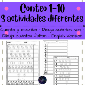 números del 1 al 10, conteo del 1 al 10, hoja de trabajo de matemática, trazo de números
